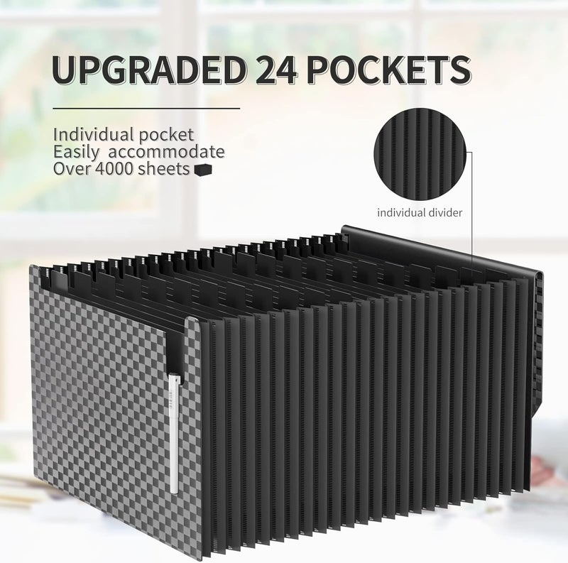 TCJ 24 Pockets Accordion File Organizer,Document Organizer,Expanding File Folder Letter Size,Expandable Filing Box,Special Designed for Portable Use,Accordian Folders,Plastic (Grid Black) - Image 2